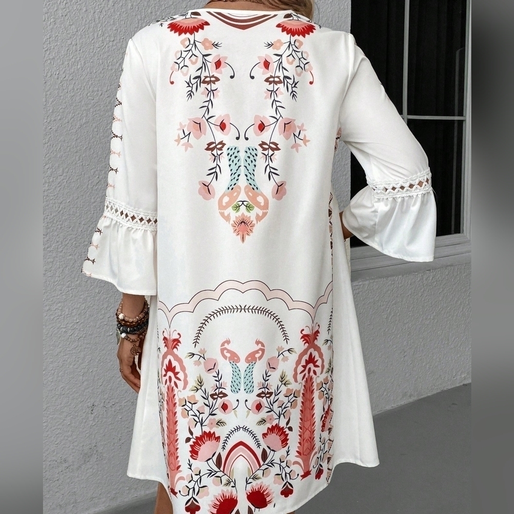 COPY - Floral Print Guipure Lace Insert Flare Sleeve Dress - Picture 2 of 4